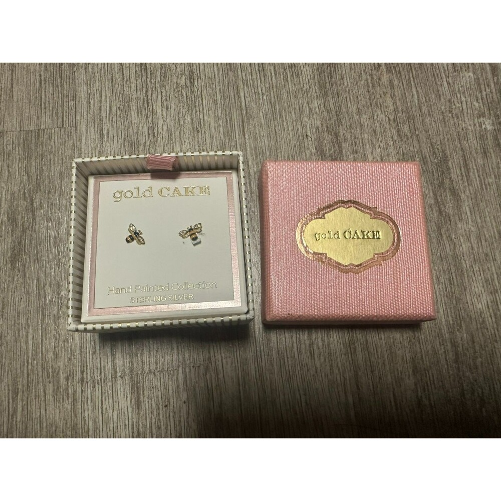 gold CAKE Bee Earrings Hand Painted Sterling Silver Studs New In Box